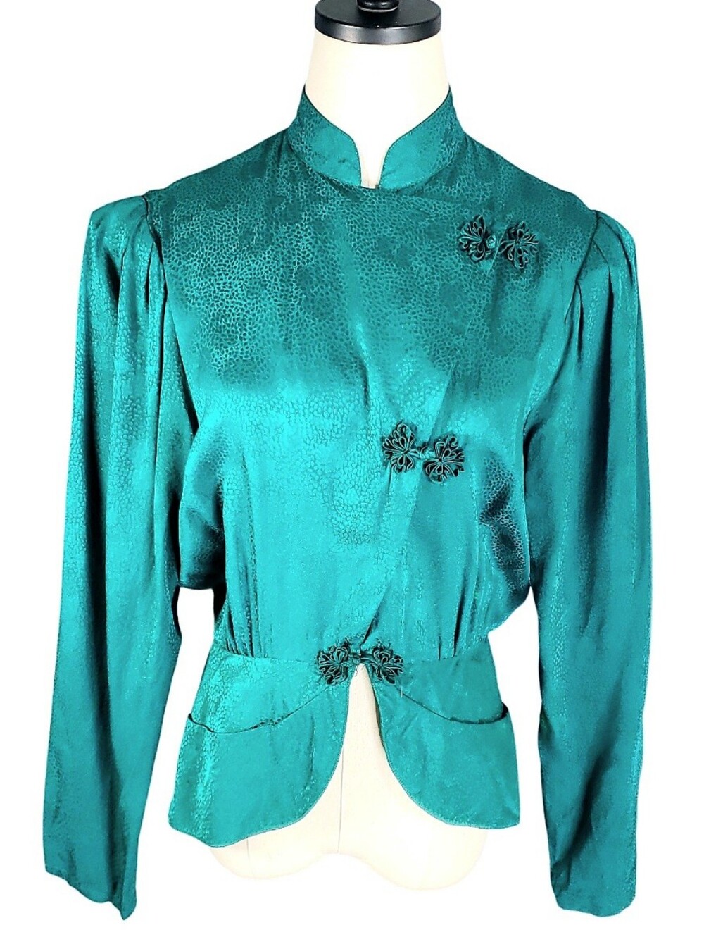 Vtg Argenti Asain Frog Button Neru Collar Teal Textured Peplum Blouse Top 6 Flaw